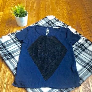 Chloe K Navy Blouse w/Black Lace Detail